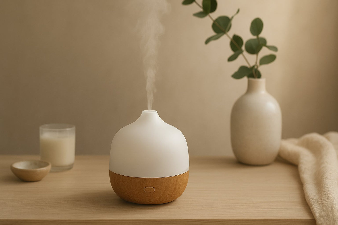 A minimalist home setting featuring an essential oil diffuser emitting gentle mist, surrounded by natural elements such as dried flowers and soft lighting.